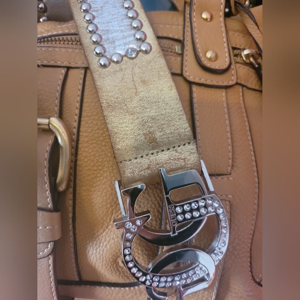 Guess Tan Belt with Rhinestone Buckle